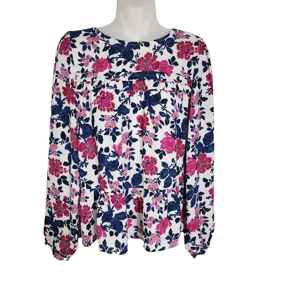 Loft Womens Blouse Size Small Floral Ruffle Peplum Ivory Pink Blue Long Sleeve